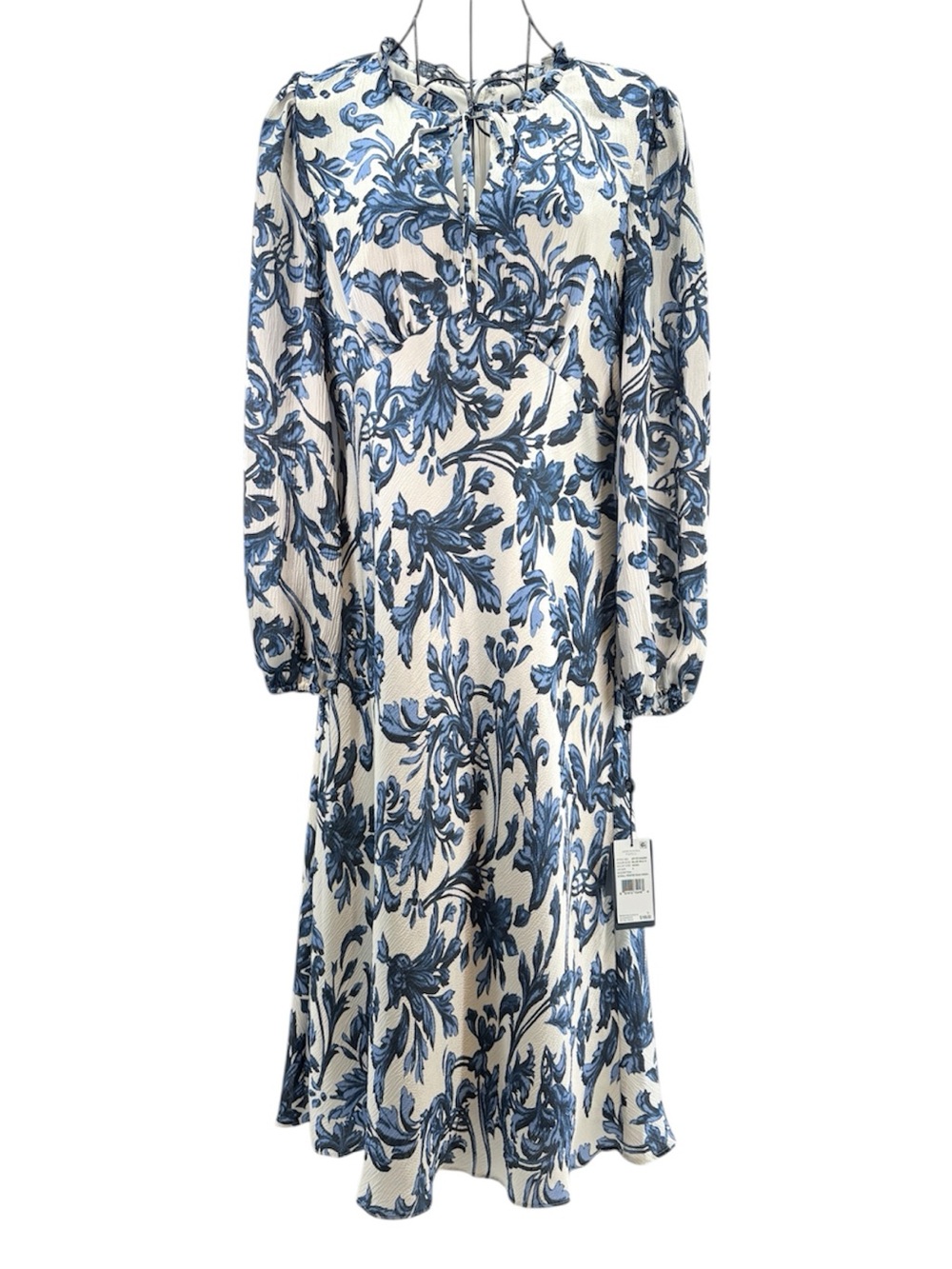 NEW Adrianna Papell White Midi Dress with Blue Scroll Print Empire Waist Size 4